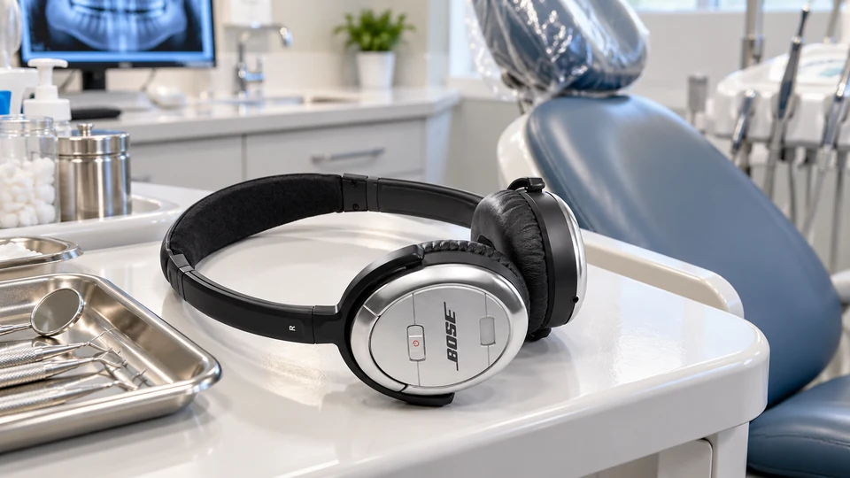 Headphones beside a dental chair